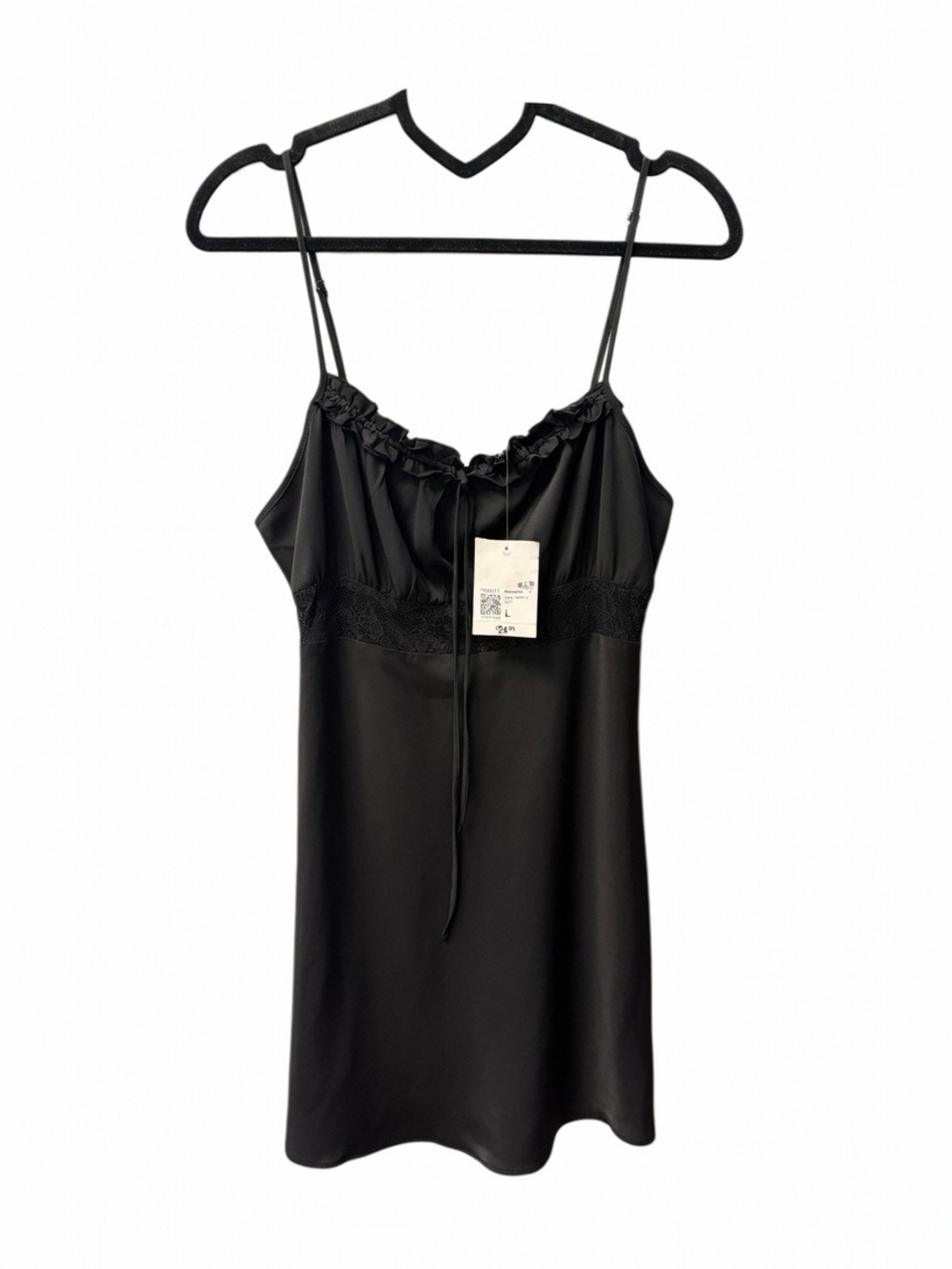 Forever 21 Black Satin Lace-Trim Ruffled Mini Dress - Size L